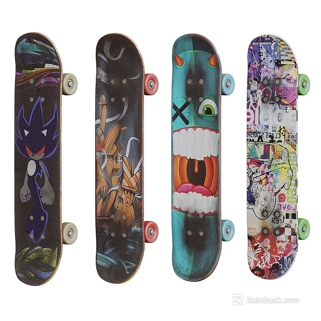 Vibrant Artistic Skateboards With Colorful Graphic Designs And Sports Equipment Features 3d model 