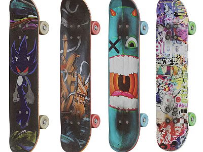 Vibrant Artistic Skateboards With Colorful Graphic Designs And Sports Equipment Features 3d model