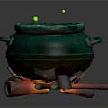 Witch Cauldron With Green Bubbling Liquid Burning Logs And Flames 3d model