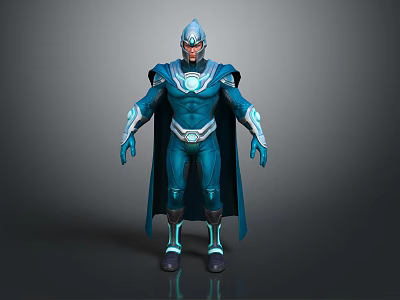 Futuristic Game and Movie Character in Blue Armor Costume with Glowing Chest Cape and Helmet 3d model