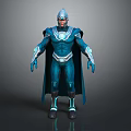 Futuristic Game and Movie Character in Blue Armor Costume with Glowing Chest Cape and Helmet