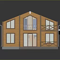 Cartoon Style Wooden House with Large Windows Balcony Staircase and Cozy Porch