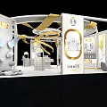 Elegant Modern Exhibition Hall with Golden Decorations and Glass Display Showcases