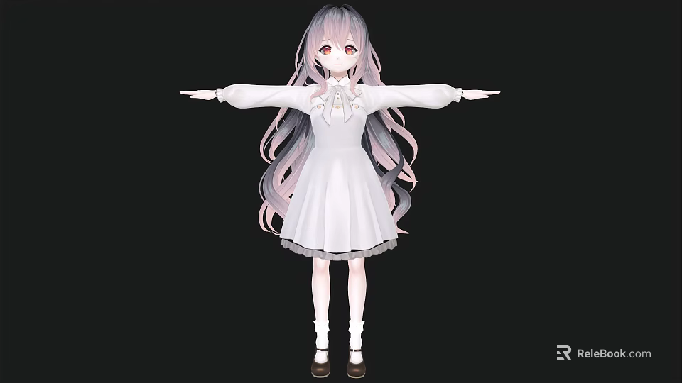 Woman With Long Pink Purple Gradient Hair In White Dress Arms Outstretched Black Background 3d model 