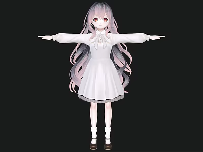 Woman With Long Pink Purple Gradient Hair In White Dress Arms Outstretched Black Background 3d model
