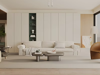 Modern Living Room Interior With White Sofa Coffee Tables Wall Shelves And Floor Lamp 3d model