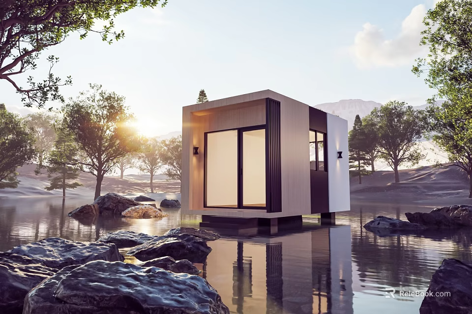 Modern Wooden Cabin Floating On Lake With Glass Doors Surrounded By Trees Rocks And Sunlight 3d model 