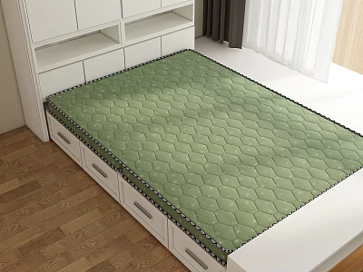 Kids Bed With Green Hexagonal Pattern Mattress And Drawer Storage White Cabinets 3d model
