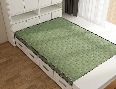 Kids Bed With Green Hexagonal Pattern Mattress And Drawer Storage White Cabinets 3d model