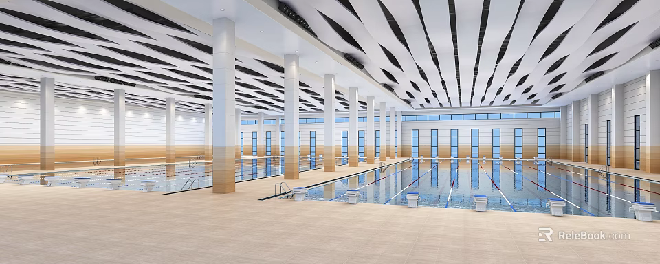 Modern Swimming Pool Interior With Striped Ceiling Columns Lap Lanes And Beige Floor 3d model 