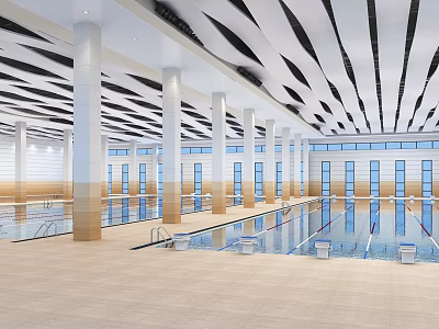 Modern Swimming Pool Interior With Striped Ceiling Columns Lap Lanes And Beige Floor 3d model