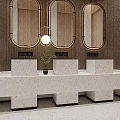 Public Restroom Interior With Three Washbasins Oval Mirrors And Pendant Light On Wooden Walls