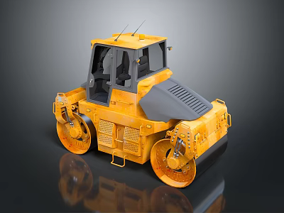 Yellow Heavy Duty Road Roller With Enclosed Cab And Dual Drums 3d model