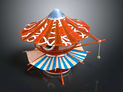 Cartoon Scene Colorful Decorative Structure With Red White Stripes Blue Base And Hanging Green Ball 3d model