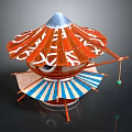 Cartoon Scene Colorful Decorative Structure With Red White Stripes Blue Base And Hanging Green Ball
