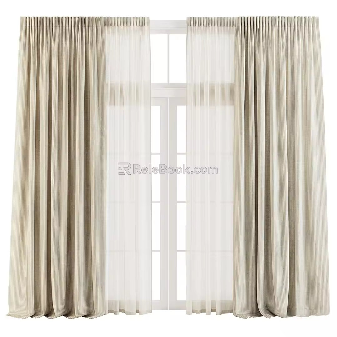 Striped linen curtains with tulle 3d model