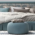 Double Bed With Blue Upholstered Headboard Multiple Pillows White Quilt And Side Table Lamp 3d model