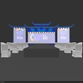Traditional Style Event Stage Setup With Blue Backdrop CC Logo And White Chairs 3d model