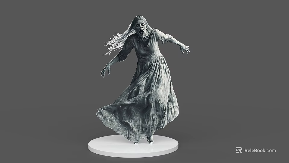 Horror Game And Movie Character 3D Model With Long Hair Flowing Dress And White Base 3d model 