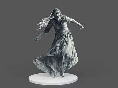Horror Game And Movie Character 3D Model With Long Hair Flowing Dress And White Base 3d model