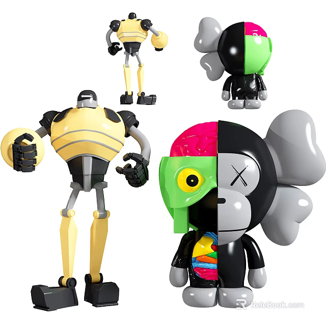 Trendy Collectible Dolls With Robot Monkey And Brain Pattern Designs 3d model 