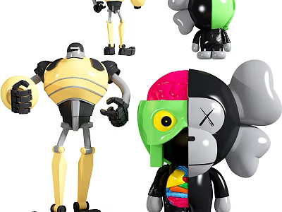 Trendy Collectible Dolls With Robot Monkey And Brain Pattern Designs 3d model