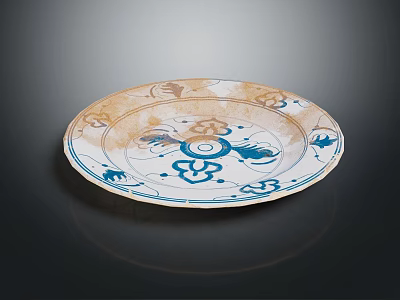 Floral Pattern Decorative Plate Featuring Blue White Brown Colors And Circular Design 3d model