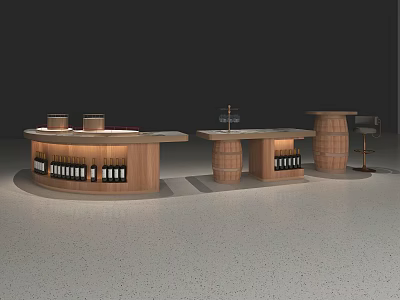 Wooden Wine Cabinet With Curved Counter And Barrel Shaped Units Displaying Wine Bottles 3d model