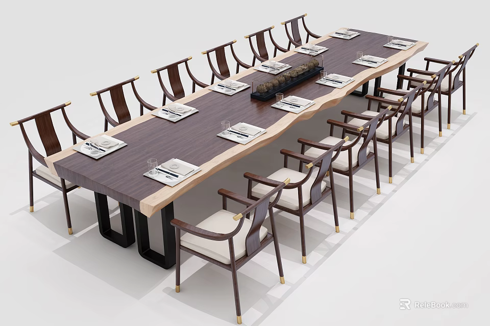 Elegant Wooden Conference Table With Multiple Chairs And Notebooks On Surface 3d model 