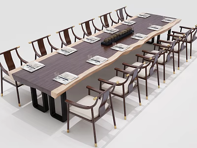 Elegant Wooden Conference Table With Multiple Chairs And Notebooks On Surface 3d model