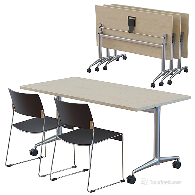 Light Colored Office Desk With Wheels And Black Chairs For Workspace Setup 3d model