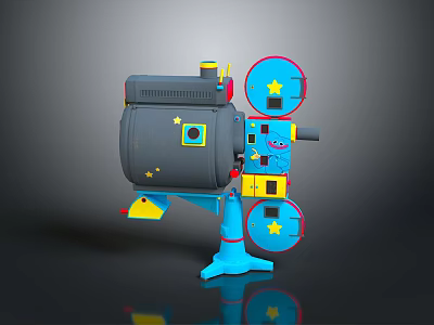 Vintage Film Projector Equipment with Blue Yellow Gray Design Star Patterns and Film Reels 3d model