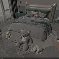 Kids Bed With Decorative Bow Headboard Cozy Bedding Stuffed Toys And Green Side Tables
