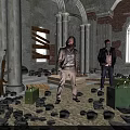 Cartoon Scene of Two Suited Men Standing in Ruined Building with Columns Stones and Crates