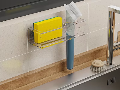 Modern Kitchen Sink Area With Transparent Rack Yellow Sponge And Blue Brush 3d model