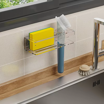 Modern Kitchen Sink Area With Transparent Rack Yellow Sponge And Blue Brush 3d model