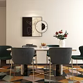 Modern Dining Room With Table Green Gray Chairs Gold Legs Wall Art And Vase Flowers