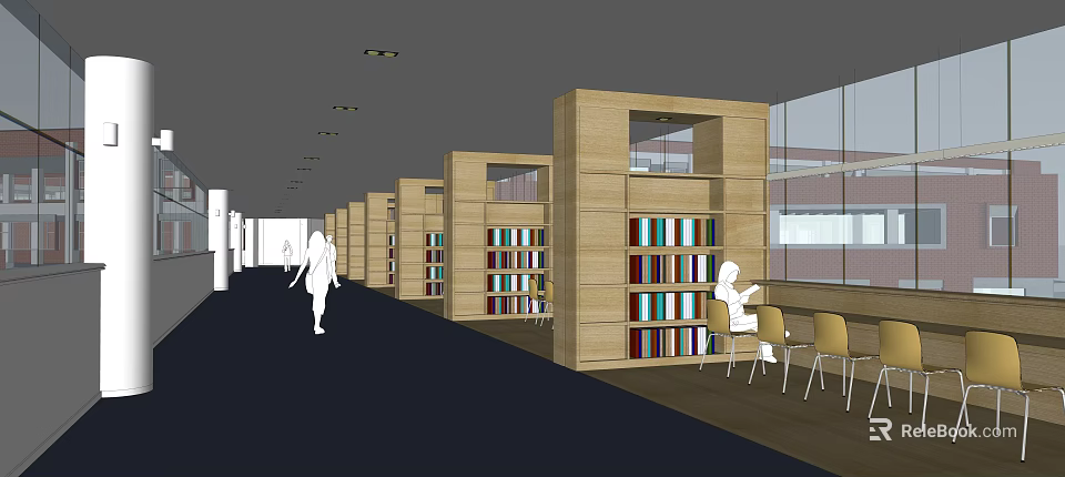 Spacious Library Aisle With Wooden Bookshelves Filled Books Bright Windows And Seating 3d model 