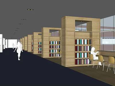 Spacious Library Aisle With Wooden Bookshelves Filled Books Bright Windows And Seating 3d model