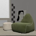 Green Bean Bag Chair with Cream Ottoman in Modern Living Room with Blinds and Painting