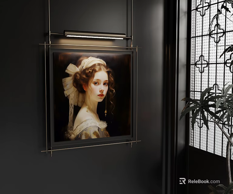 Classical Female Portrait Oil Painting On Black Wall With Wrought Iron Grille And Plant 3d model 