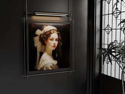 Classical Female Portrait Oil Painting On Black Wall With Wrought Iron Grille And Plant 3d model