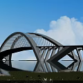 Modern Arched Bridge Spanning Water With Blue Sky Reflection And Grass Flowers 3d model