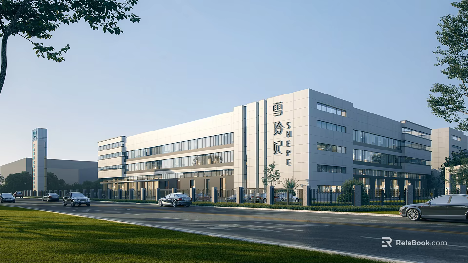 Modern Industrial Factory Building With Multi Story Structure Large Glass Windows And Green Lawn 3d model 