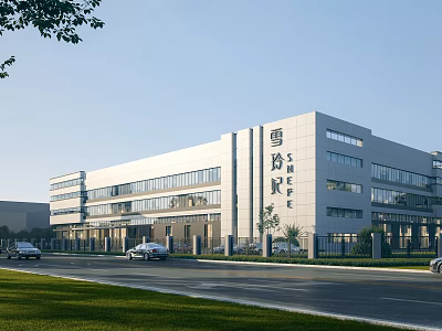 Modern Industrial Factory Building With Multi Story Structure Large Glass Windows And Green Lawn 3d model
