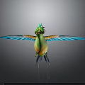 Colorful Bird With Green Head Yellow Belly And Blue Spread Wings With Reflection