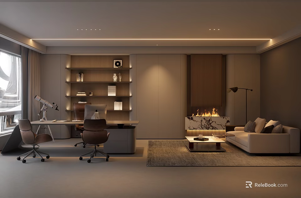 Elegant Modern Office Interior With Desk Office Chairs Bookshelf Sofa And Fireplace 3d model 