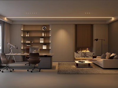 Elegant Modern Office Interior With Desk Office Chairs Bookshelf Sofa And Fireplace 3d model