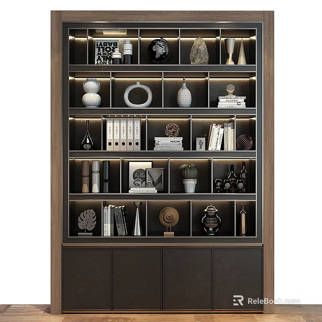Modern Wooden Display Shelf With Layered Design For Books Vases And Decorative Items 3d model 