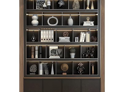 Modern Wooden Display Shelf With Layered Design For Books Vases And Decorative Items 3d model